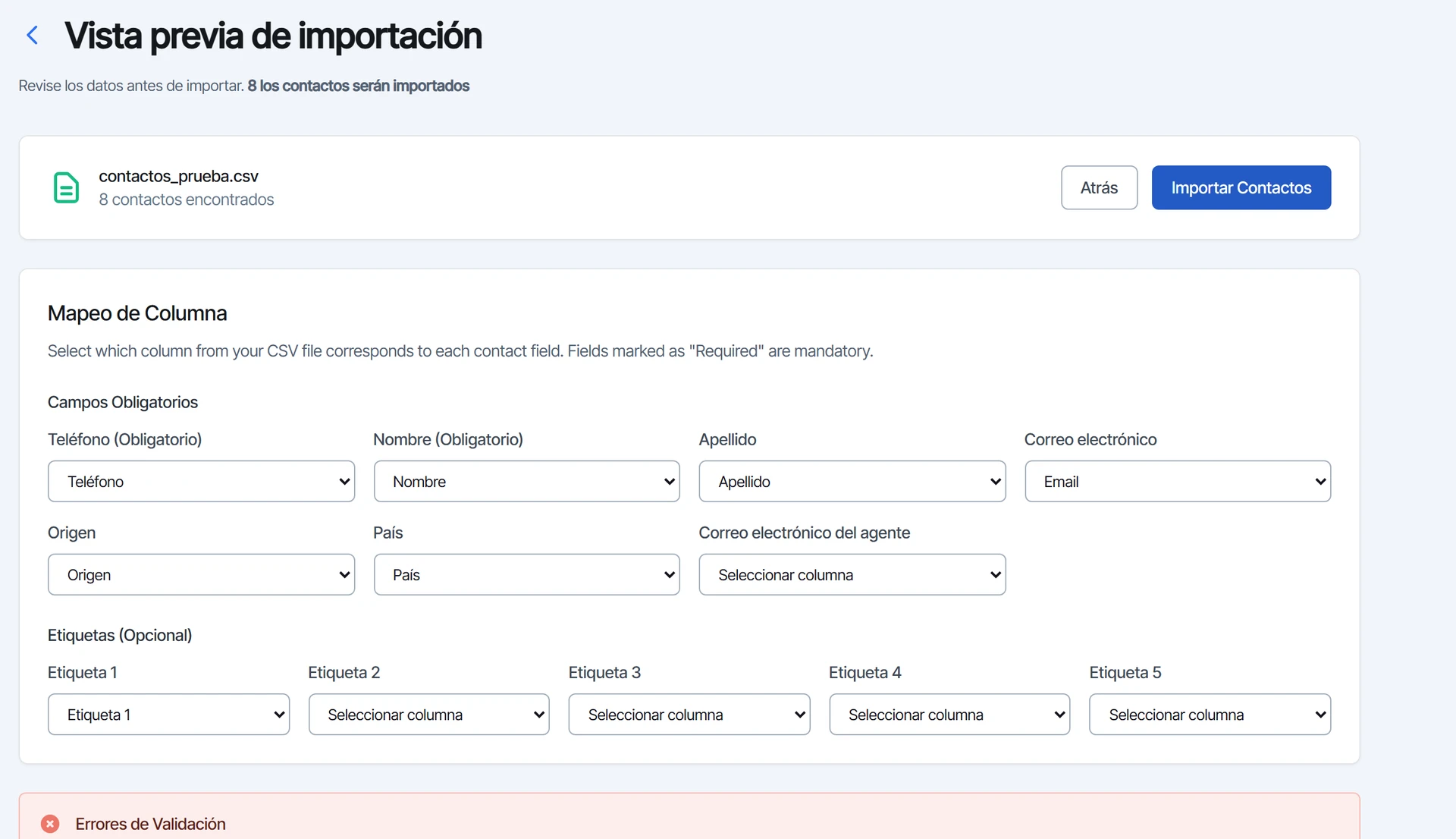 Vista previa de importación con la cantidad de contactos y el mapeo de columnas