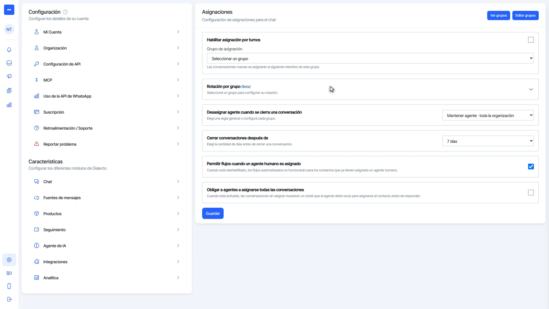 Pantalla Asignaciones dentro de Configuración, con todas las opciones de reparto del chat