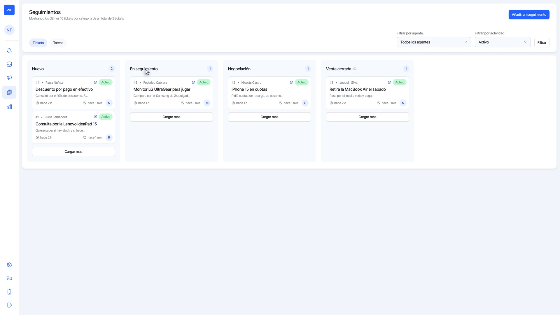 Tablero de Seguimiento con las columnas Nuevo, En seguimiento, Negociación y Venta cerrada y sus tarjetas