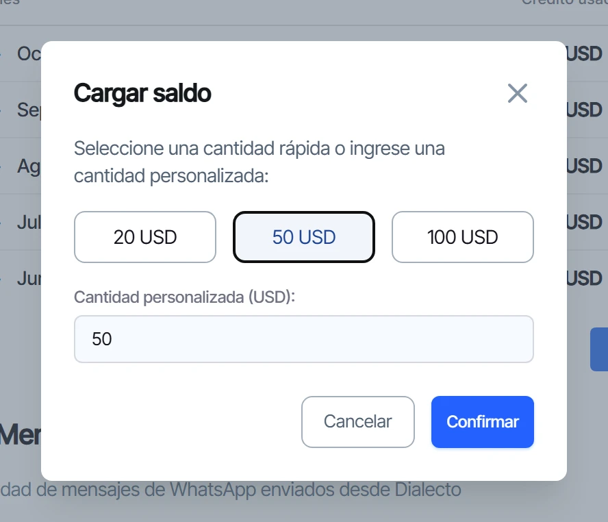 Ventana Cargar saldo con los montos de 20, 50 y 100 USD y el campo de monto personalizado