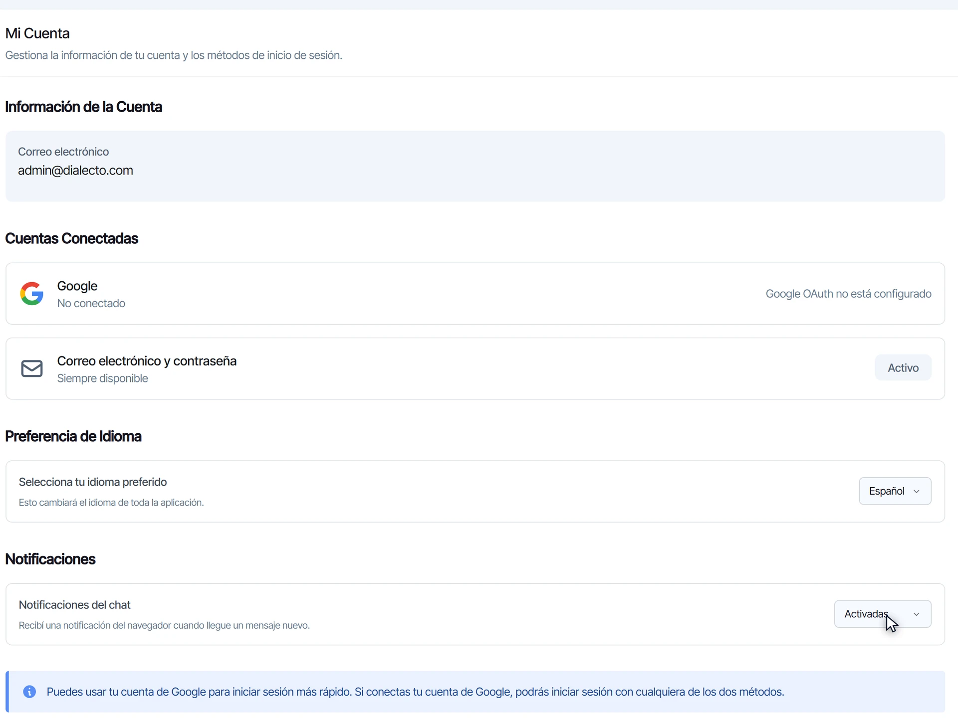 Opción Notificaciones del chat en Mi Cuenta, con el selector en Activadas