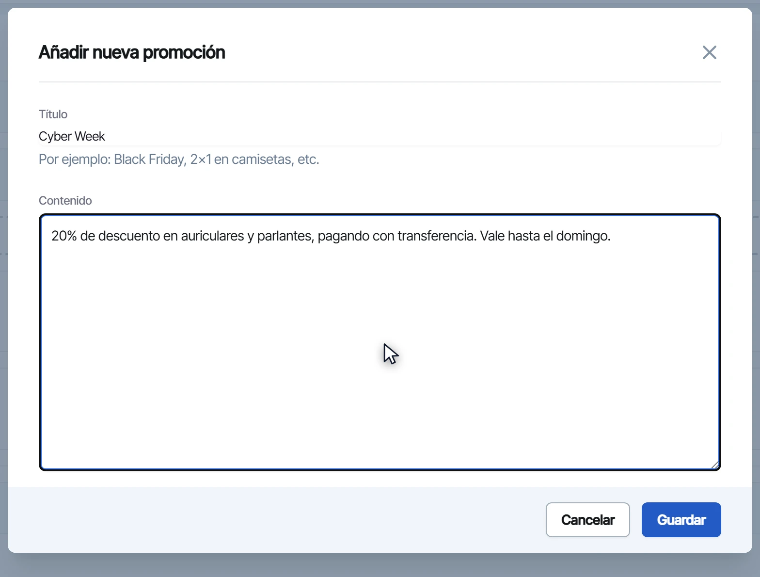 Ventana para agregar una promoción con el título Cyber Week y el detalle del descuento escrito