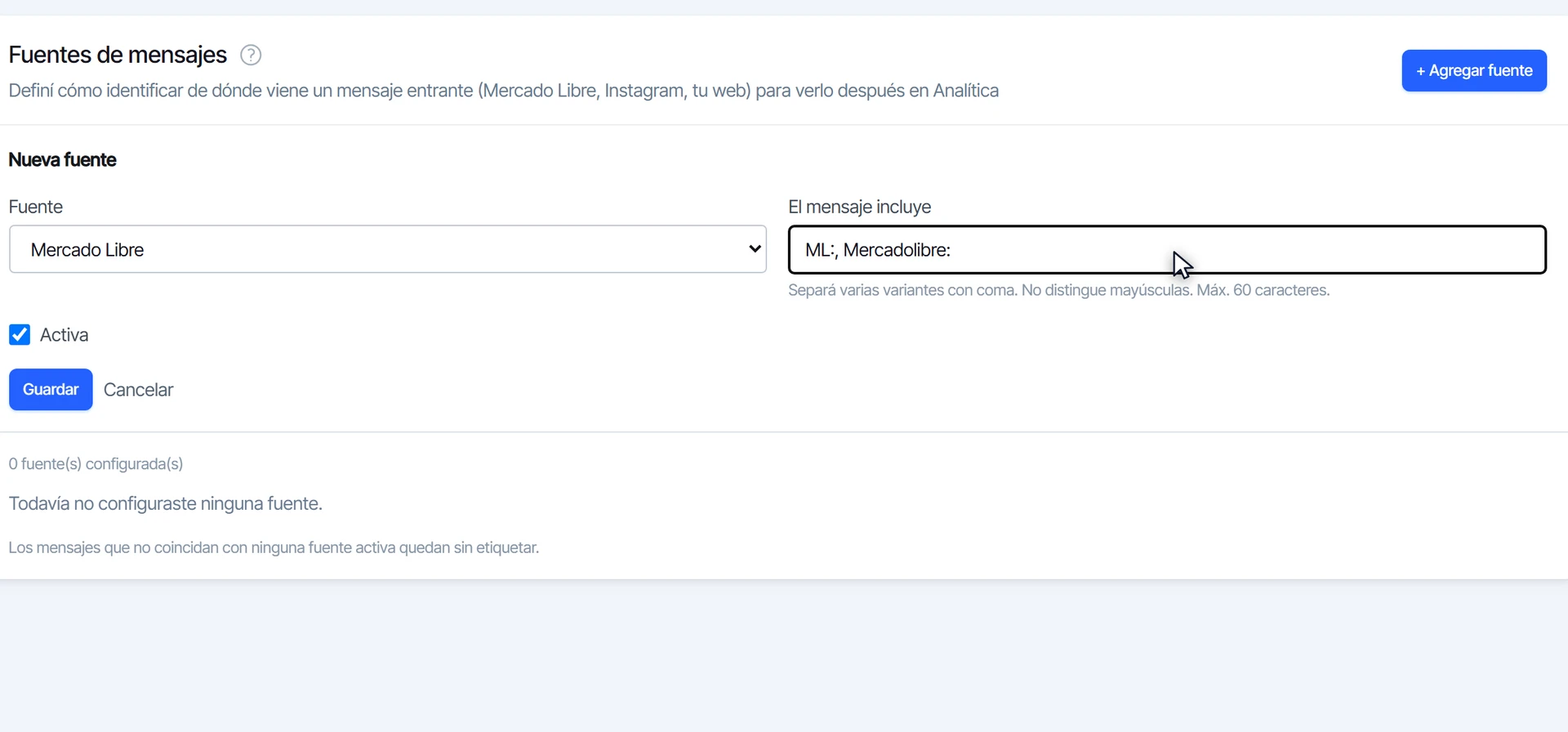 Formulario Nueva fuente con Mercado Libre y el texto ML: