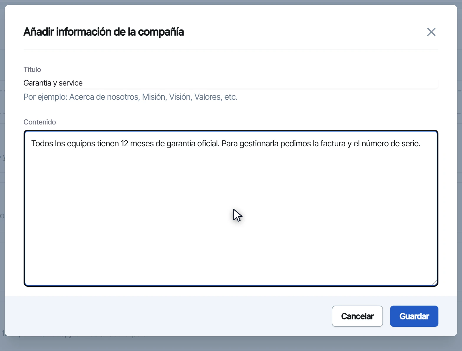 Ventana para agregar un bloque con el título Garantía y service y su texto escrito