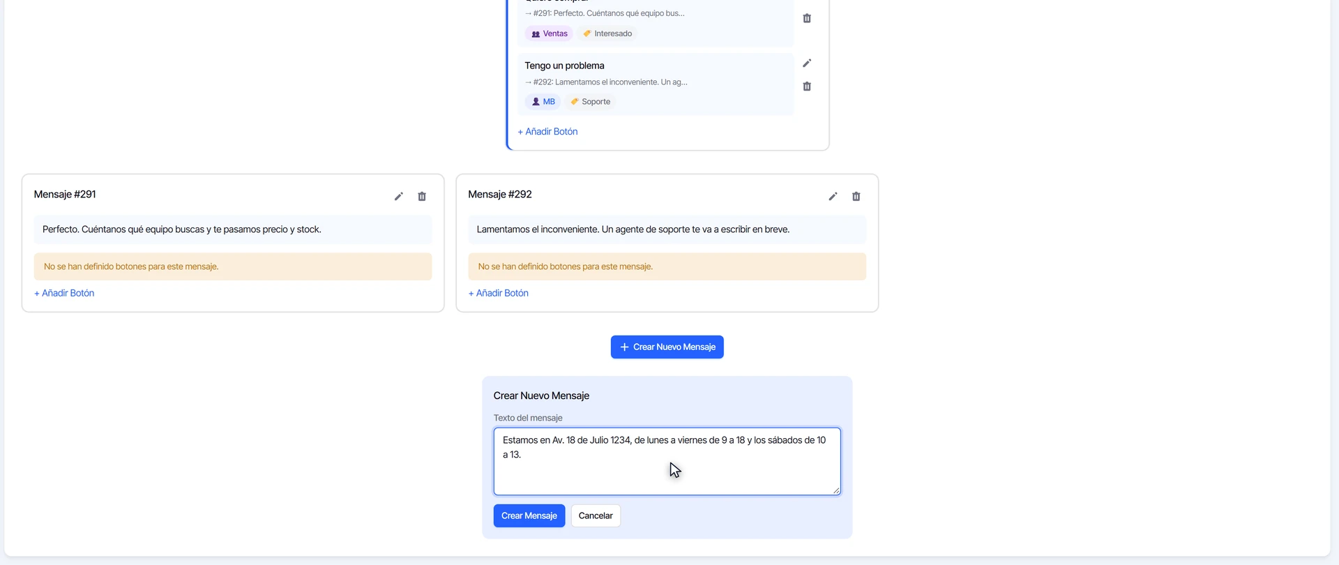 Formulario para crear un mensaje nuevo con el texto del horario y la dirección del local