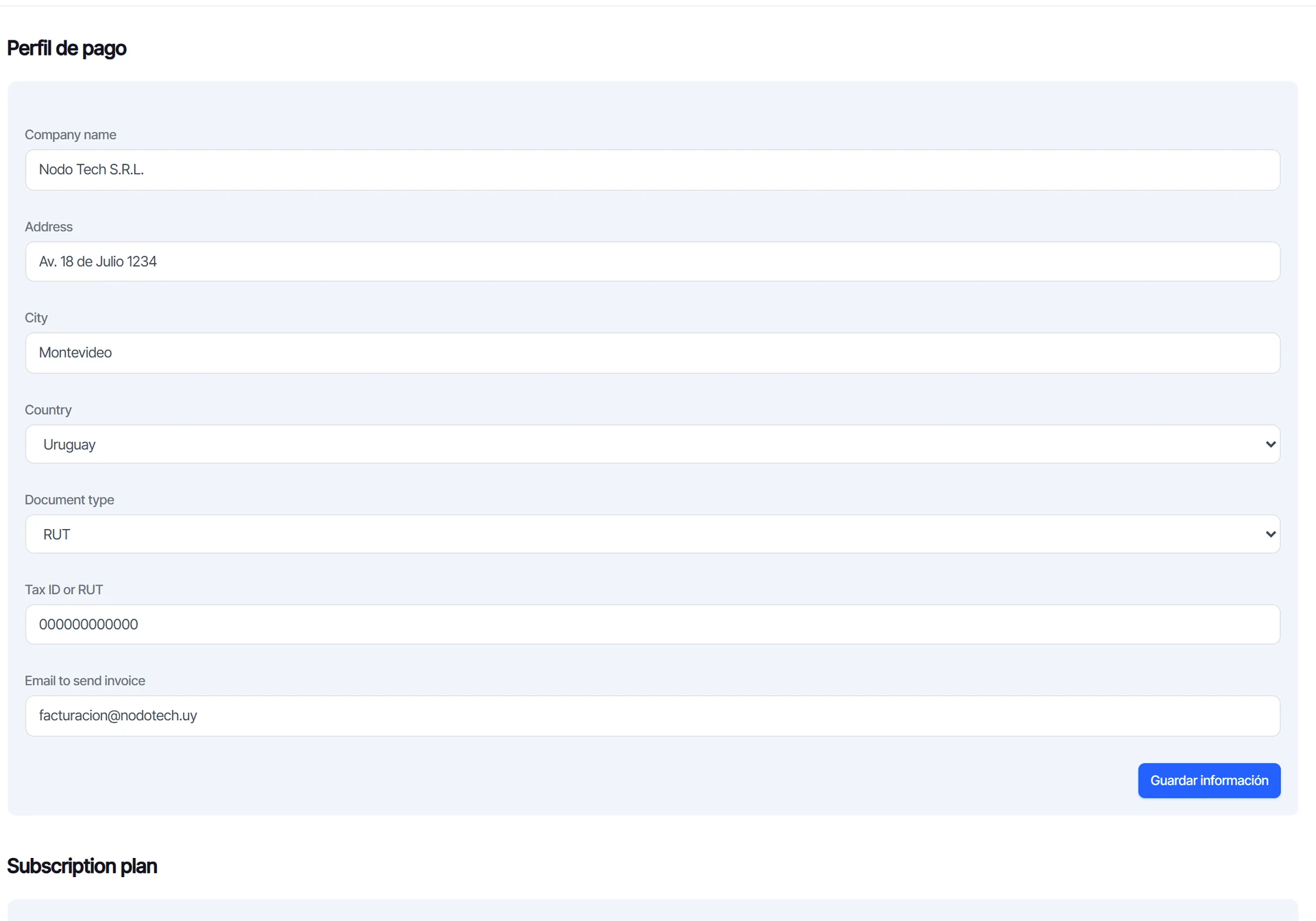 Perfil de pago con los datos fiscales de la empresa y el email al que se envían las facturas