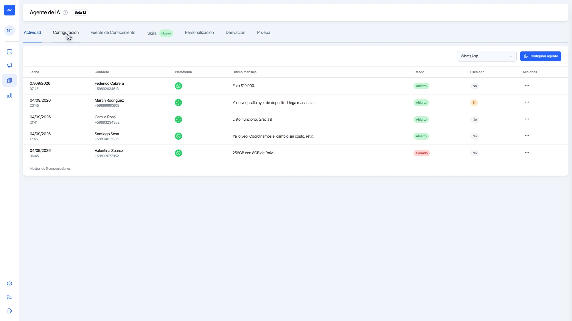 Pantalla del Agente de IA con la pestaña Configuración señalada