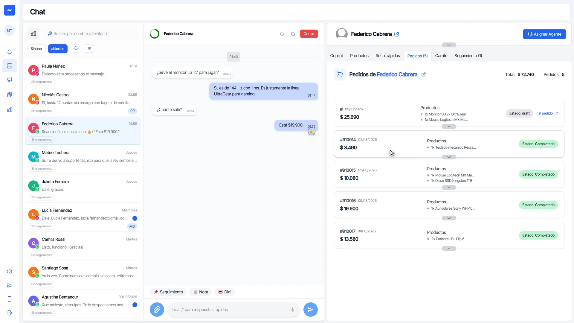 Pestaña Pedidos del panel del cliente en el chat, con cinco compras de Federico Cabrera