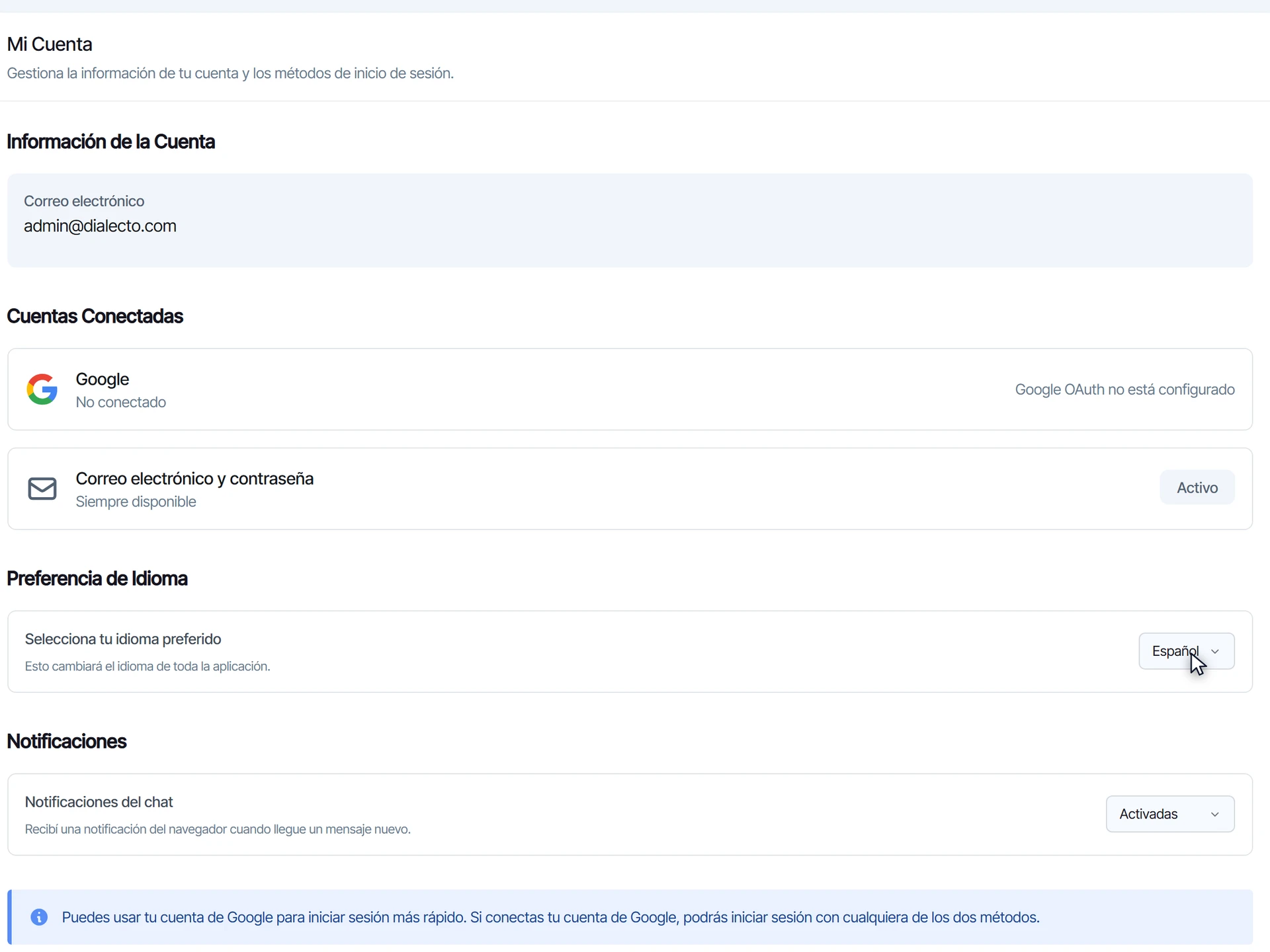 Sección Preferencia de idioma de Mi Cuenta con el selector en Español