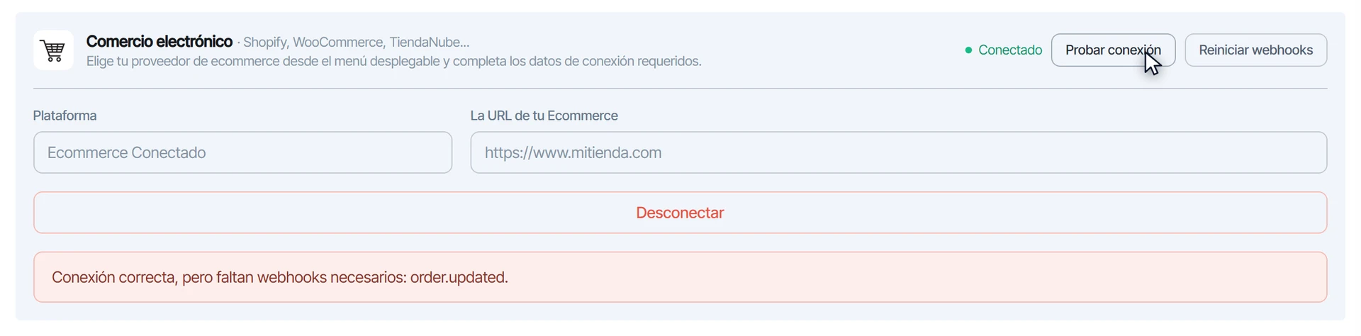 Resultado de la prueba con el aviso de que falta el webhook order.updated