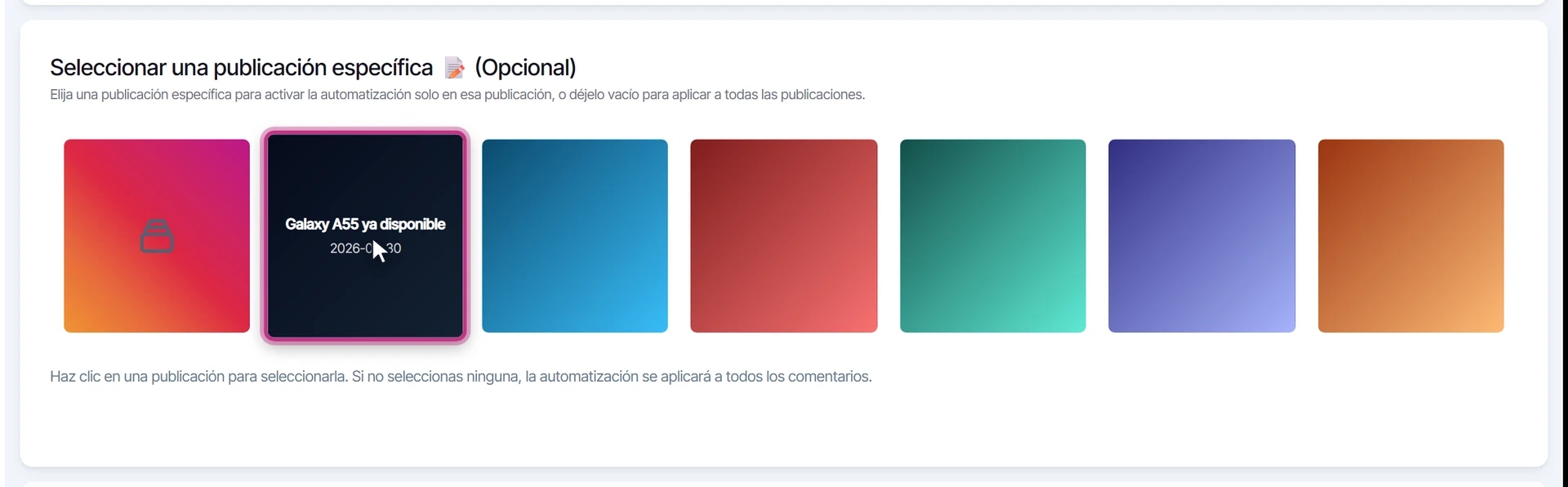 Publicación Galaxy A55 ya disponible seleccionada, con el contorno que marca la elección