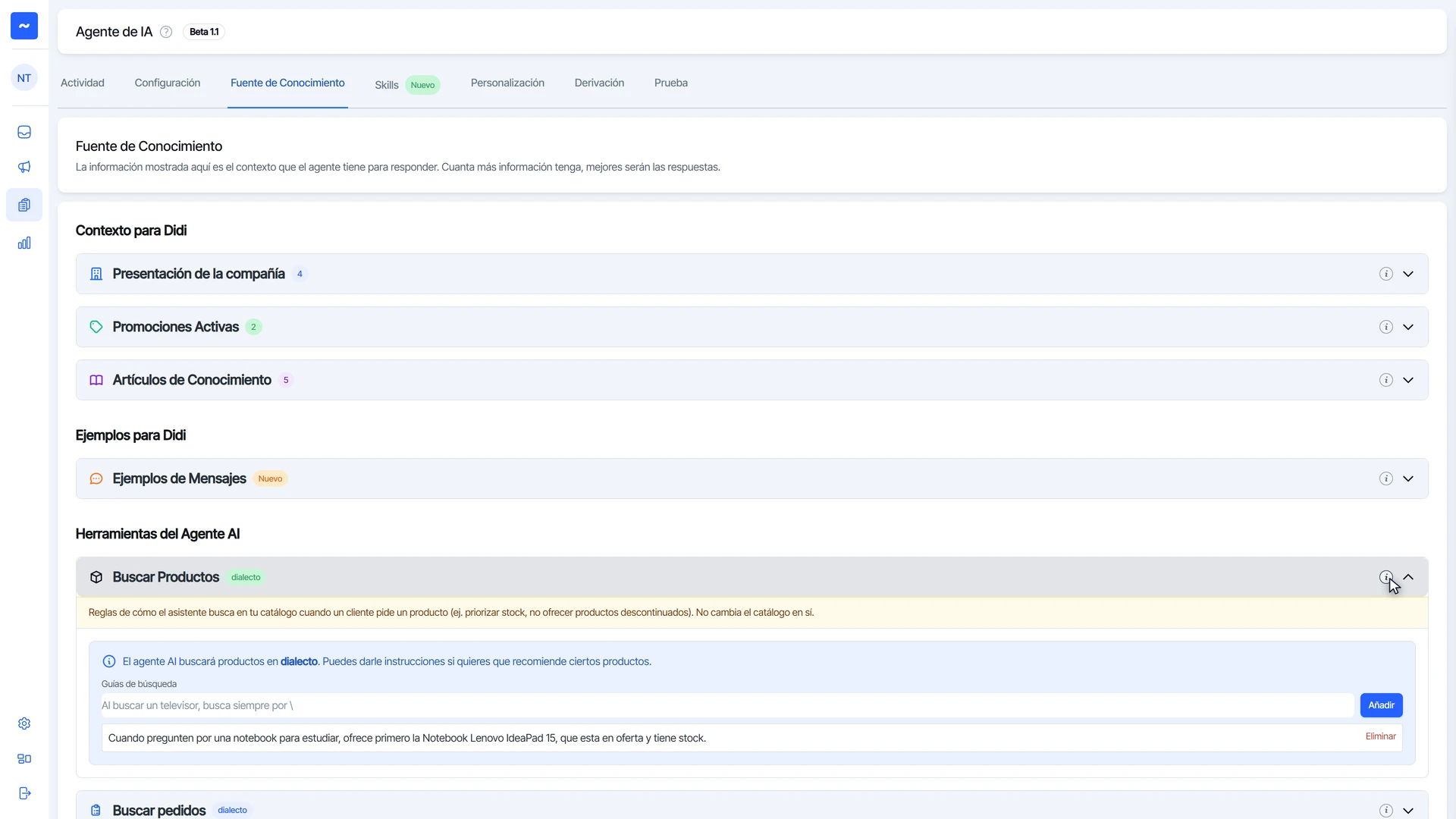 Herramienta Buscar Productos abierta con una guía de búsqueda para notebooks de estudio