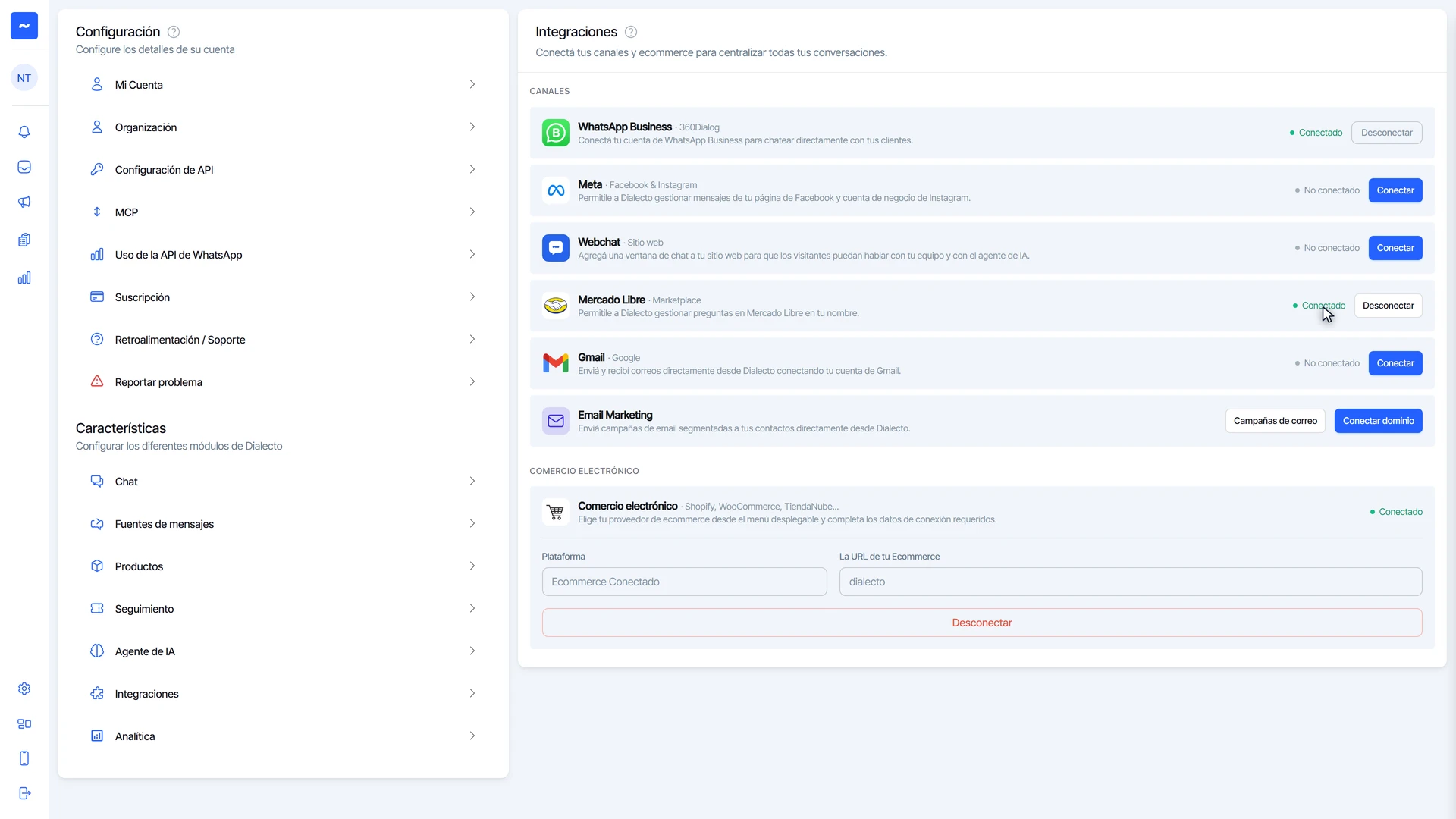 Integraciones de Configuración con Mercado Libre en estado Conectado