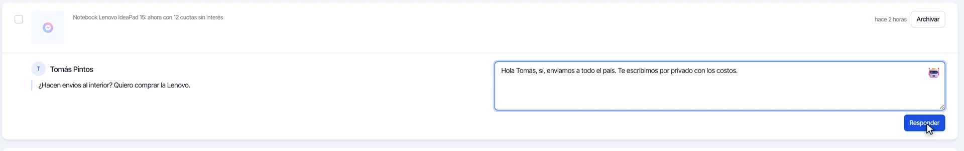Comentario de Facebook con la respuesta escrita y el botón para responder