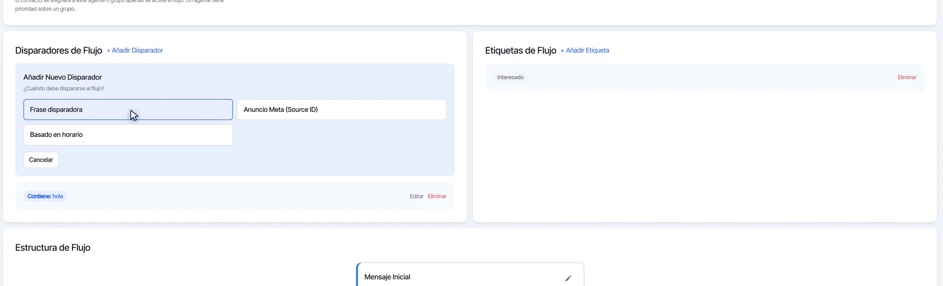 Tipos de disparador: frase disparadora, anuncio de Meta y basado en horario