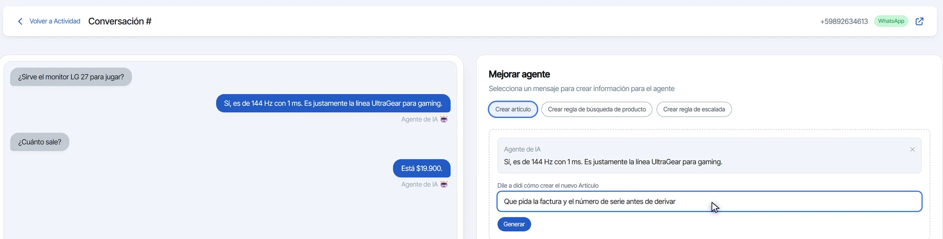 Acción Crear artículo elegida, con una instrucción adicional escrita y el botón Generar