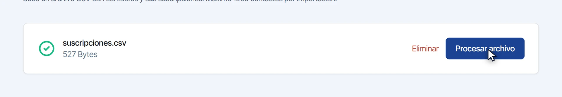 Archivo suscripciones.csv ya elegido, con su tamaño y los botones Eliminar y Procesar archivo