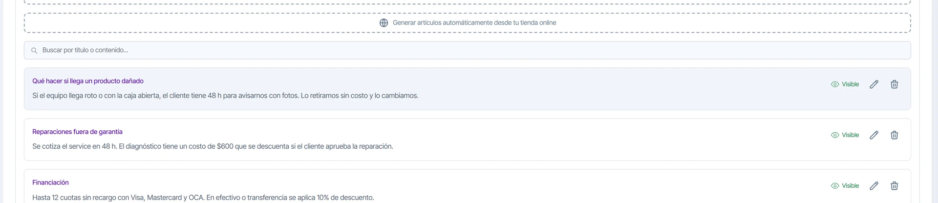 Lista de artículos de conocimiento con el nuevo artículo sobre productos dañados agregado