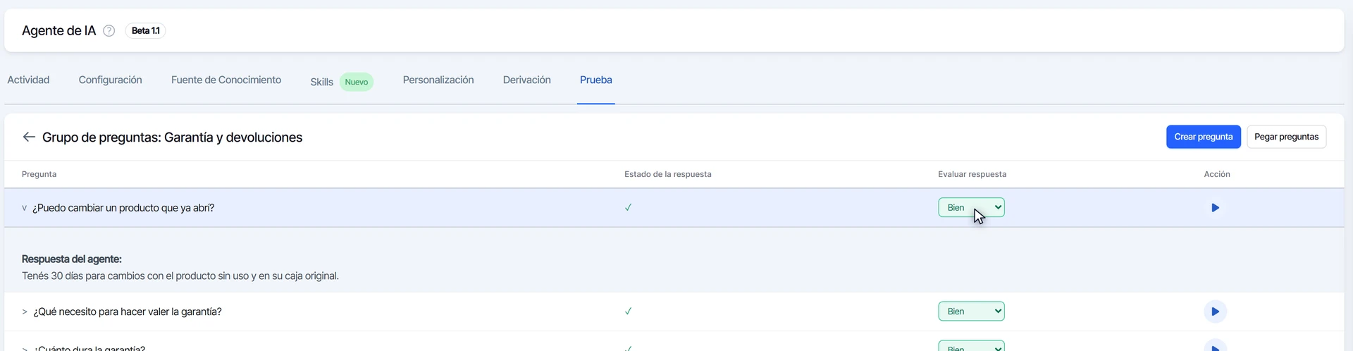 Selector de calificación con Bien elegido para la primera respuesta