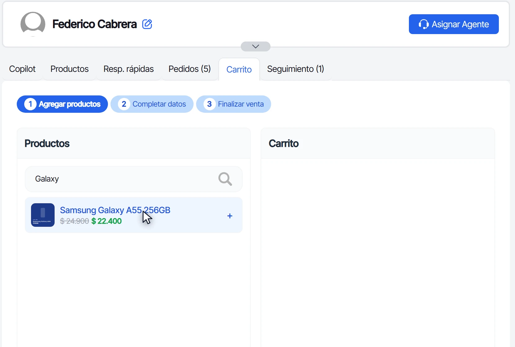 Pestaña Carrito con la búsqueda Galaxy y el Samsung Galaxy A55 en la lista de productos