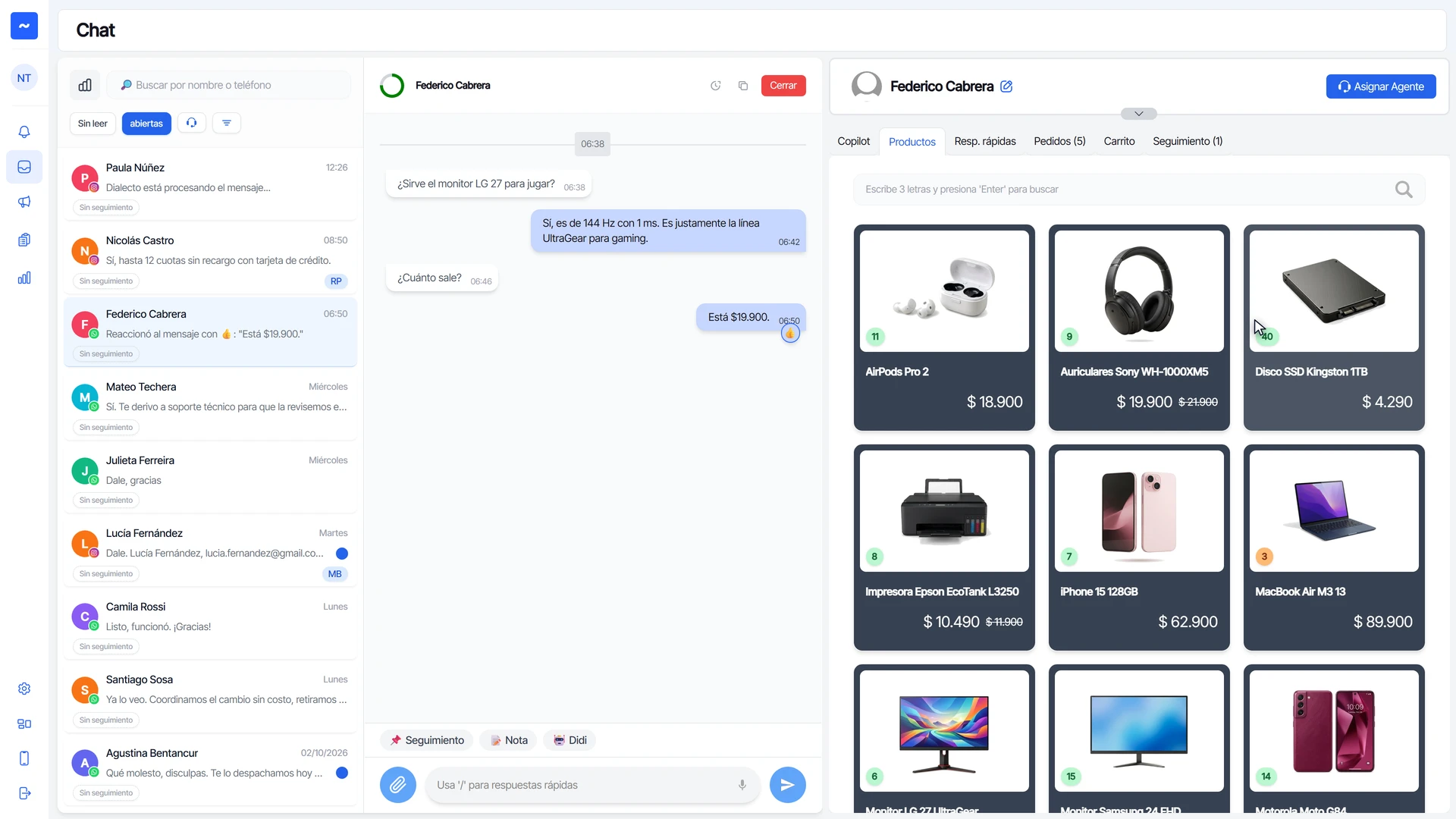 Catálogo de productos con precio, precio anterior y stock en cada tarjeta