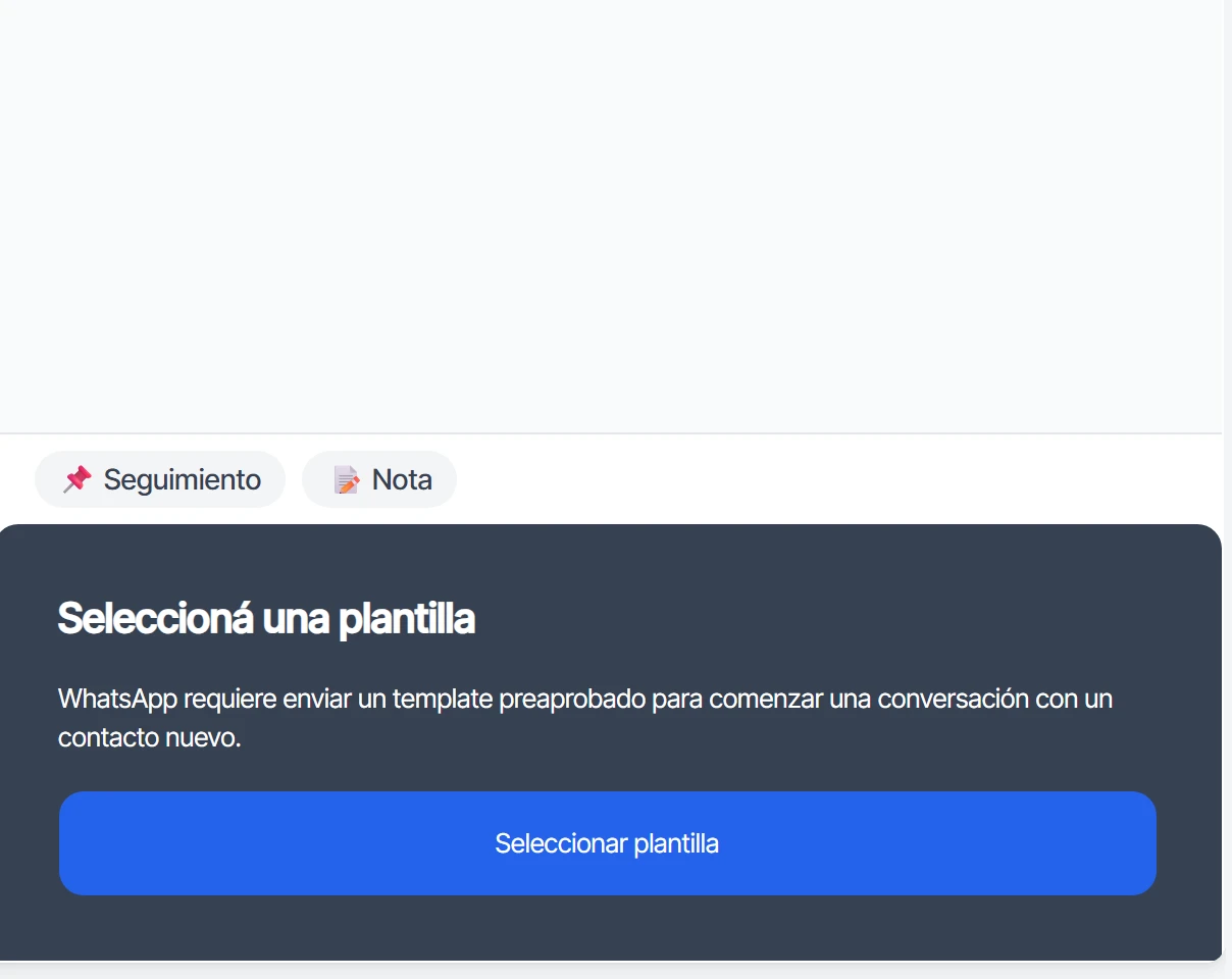 Conversación sin mensajes recientes del cliente, con el aviso de plantilla y el botón Seleccionar plantilla