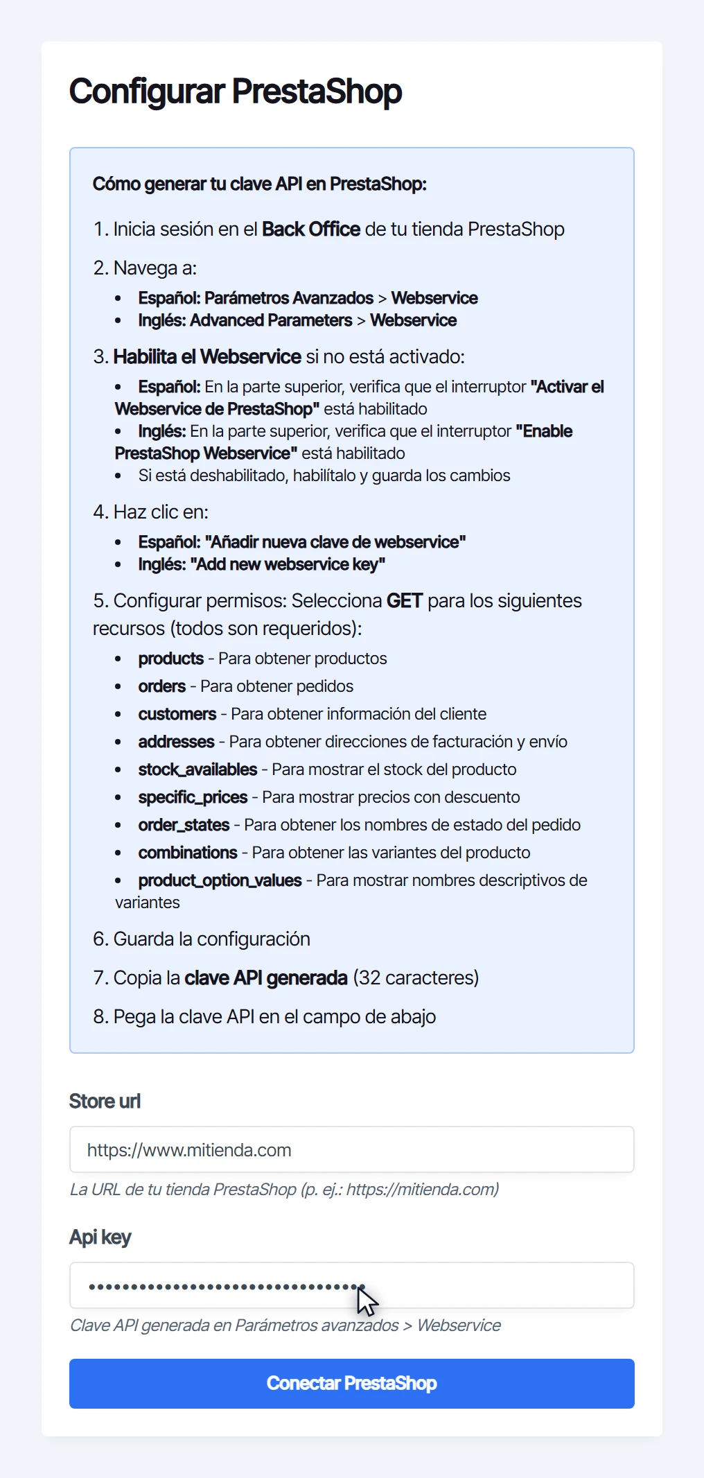 Campo de la clave API con un valor de ejemplo y el botón Conectar PrestaShop