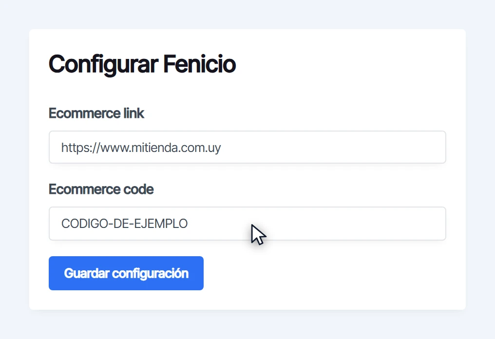 Campo del código de ecommerce completado con un valor de ejemplo, antes de guardar la configuración