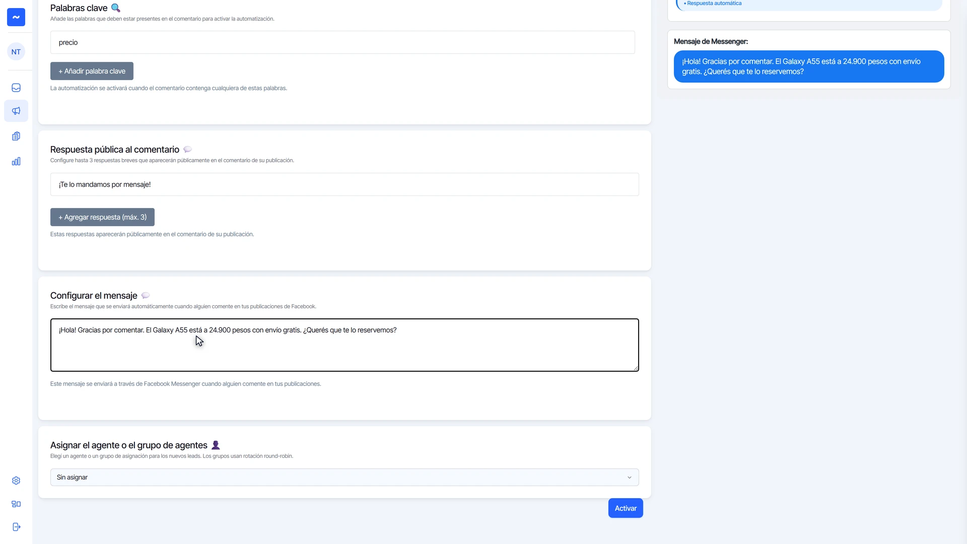 Palabra clave precio, respuesta pública y mensaje de Messenger cargados en el formulario de Facebook
