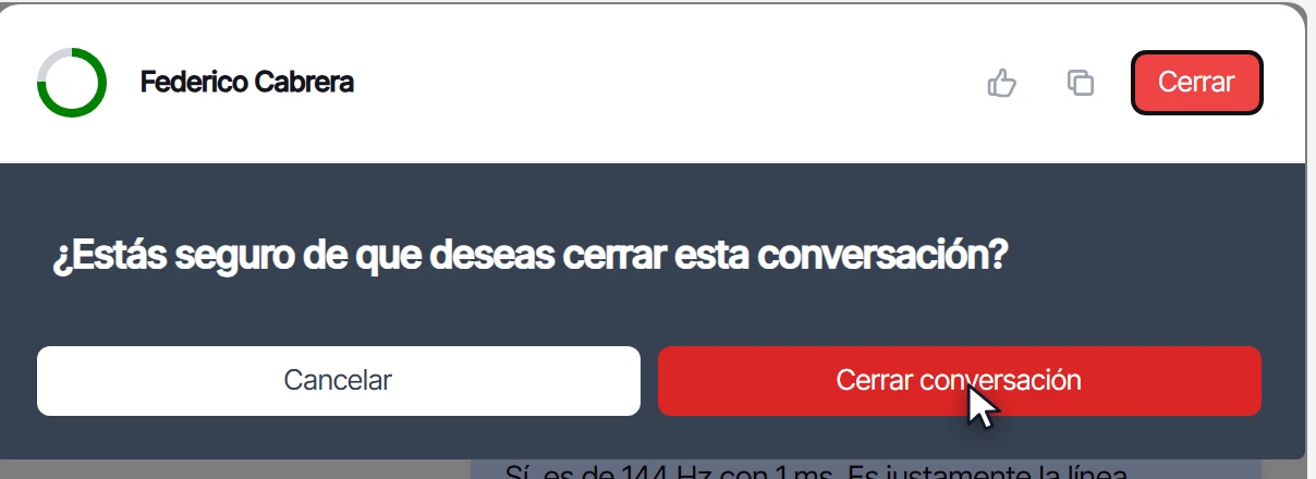 Confirmación para cerrar la conversación con los botones Cancelar y Cerrar conversación