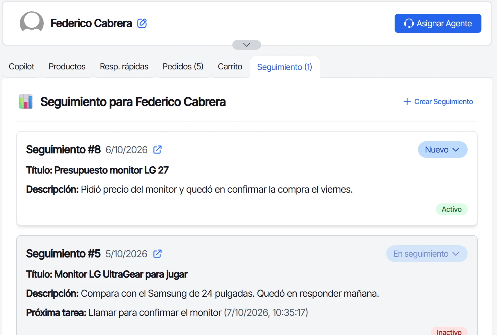 Pestaña Seguimiento con el seguimiento nuevo en la lista