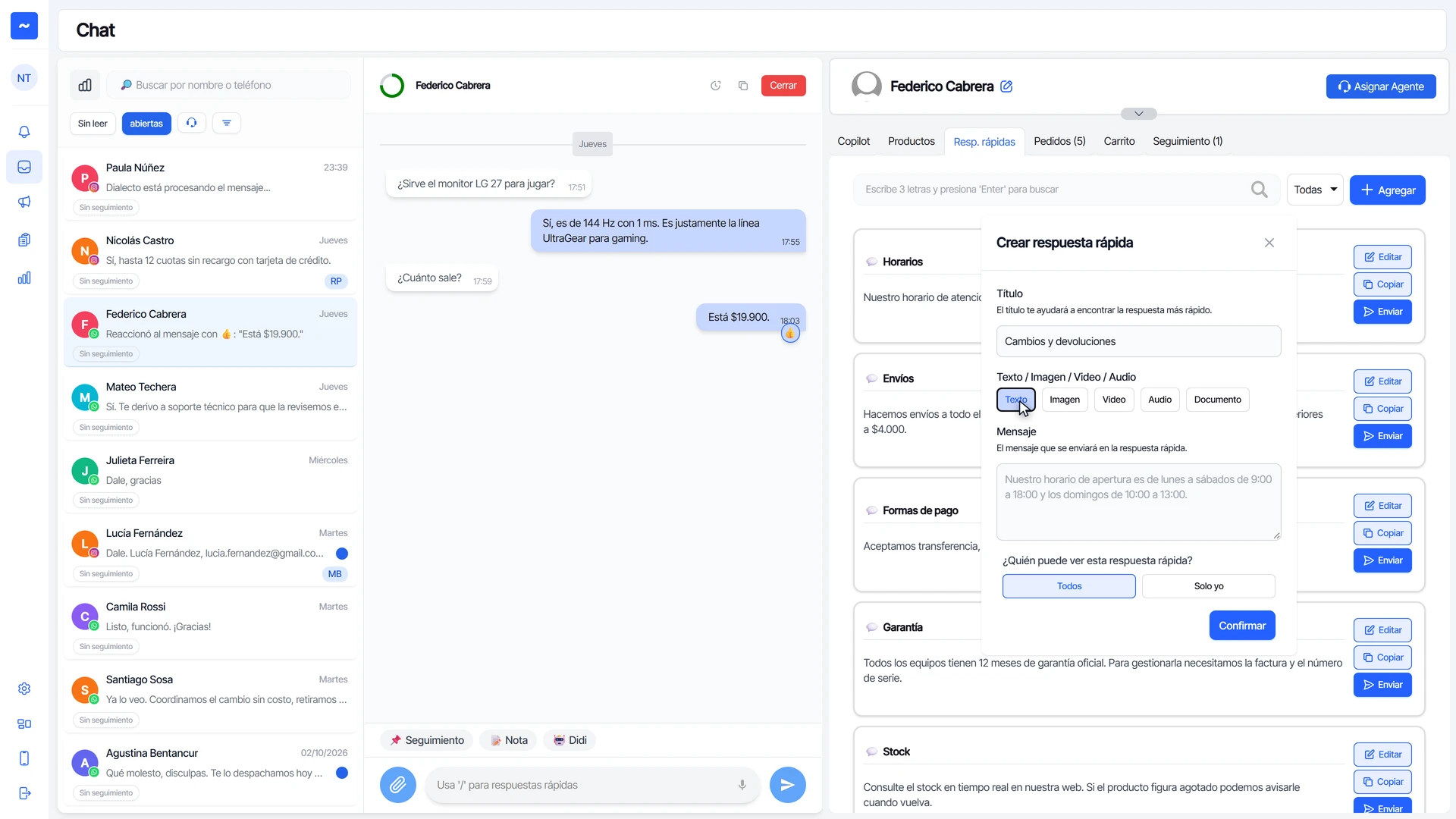 Ventana Crear respuesta rápida con el título Cambios y devoluciones y el tipo Texto