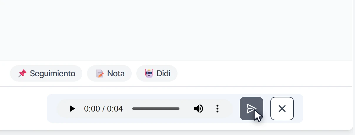 Audio grabado con su reproductor y los botones Enviar y Cancelar