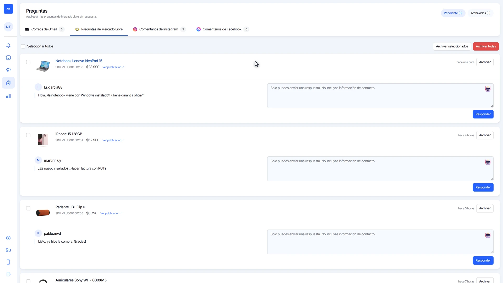 Pestaña Preguntas de Mercado Libre con cada pregunta y la publicación por la que pregunta
