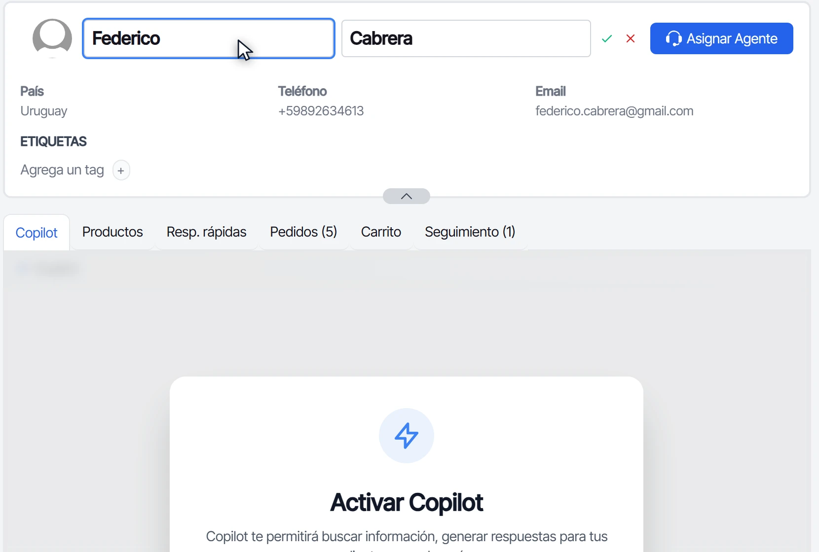 Campo para editar el nombre del contacto en el panel del chat