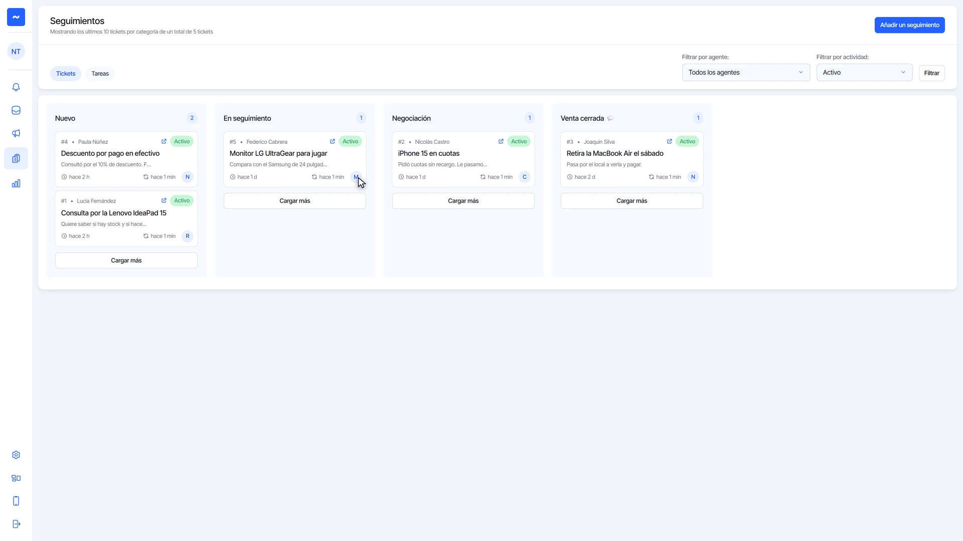 Tablero de Seguimiento con las tarjetas de cada cliente repartidas en sus etapas