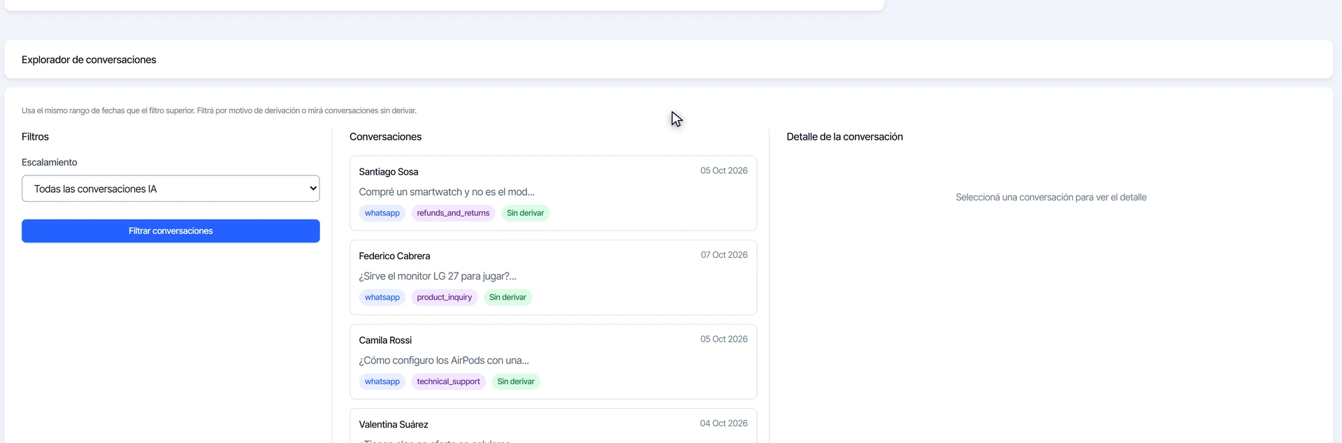 Explorador de conversaciones del Agente IA con el filtro de escalamiento y el detalle de una conversación