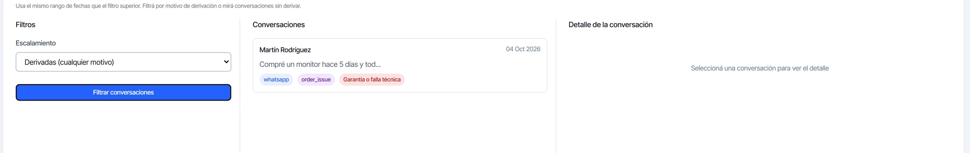 Explorador de conversaciones con el filtro Derivadas y la lista de conversaciones que pasaron a una persona
