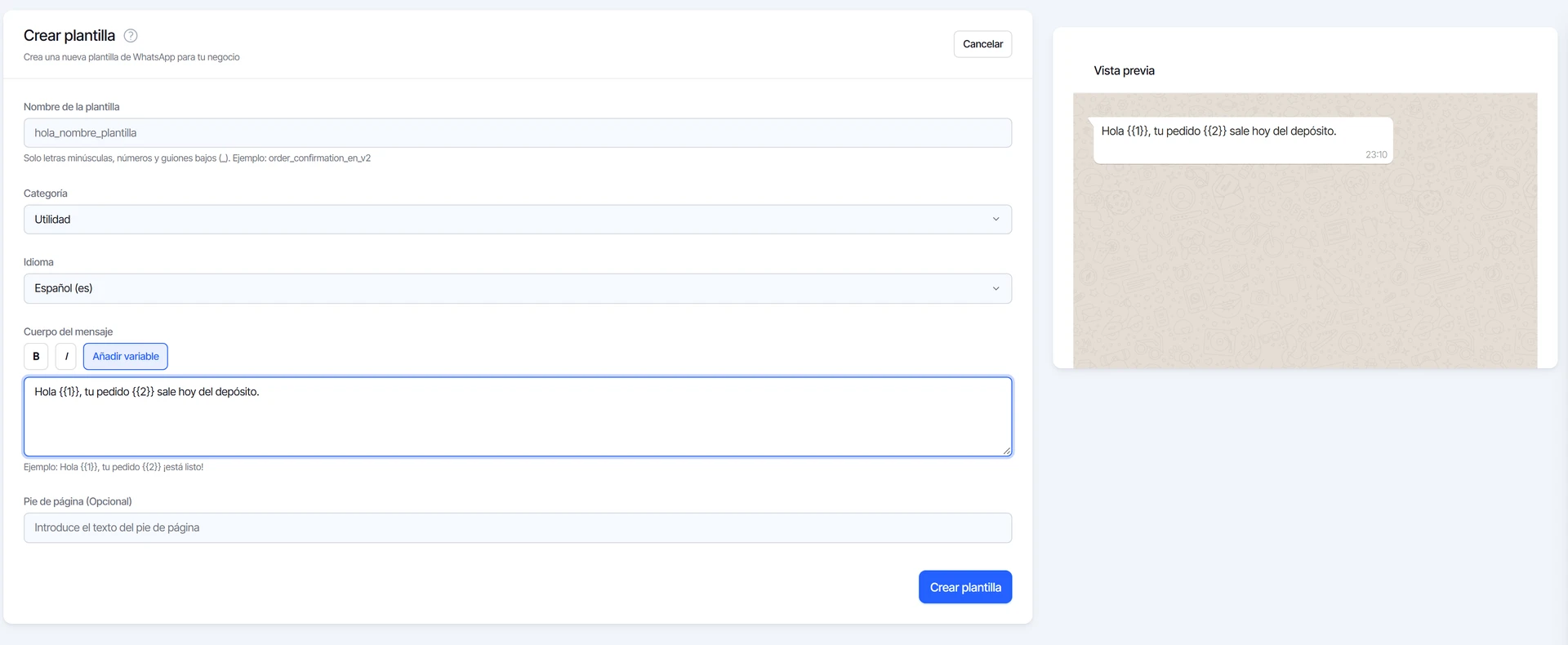 Formulario para crear una plantilla con categoría, idioma, cuerpo con variables y vista previa