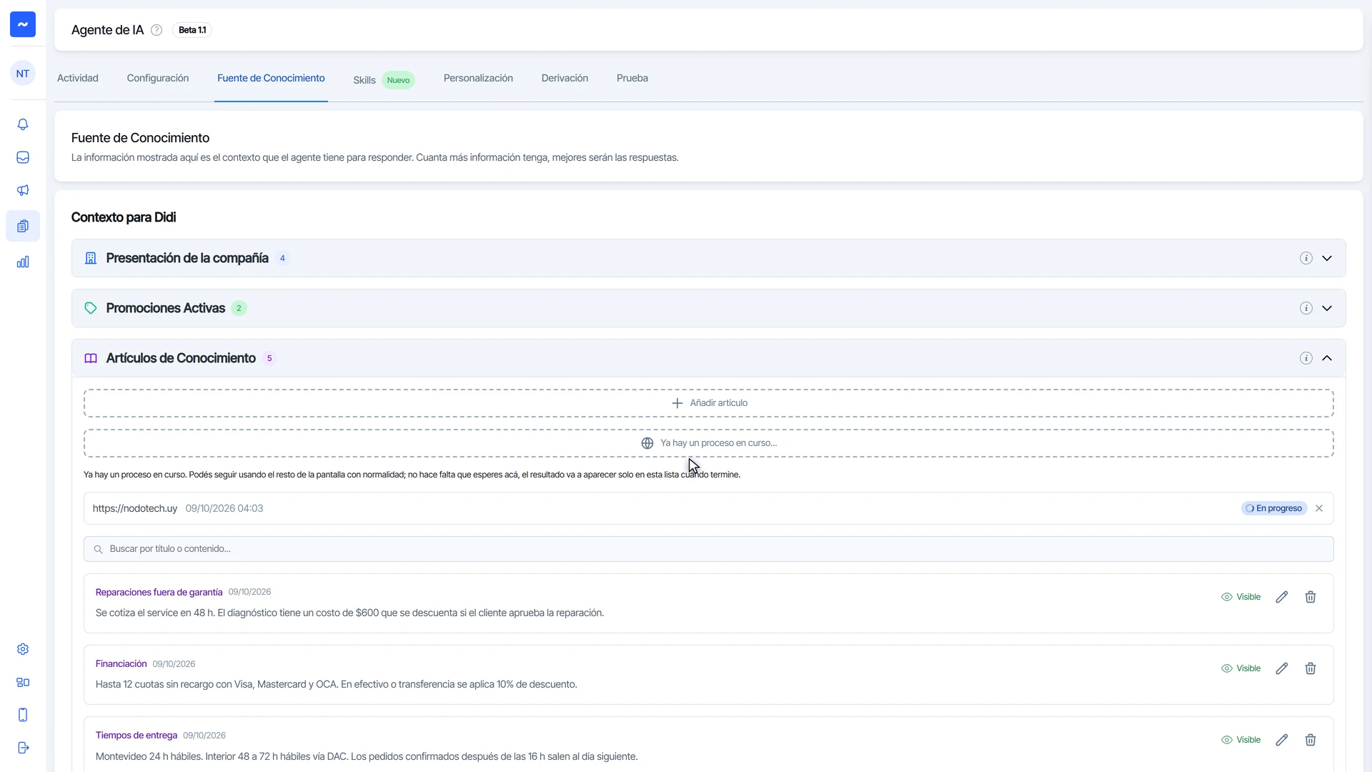 Escaneo de https://nodotech.uy en la lista con el estado En progreso y el botón de generar bloqueado
