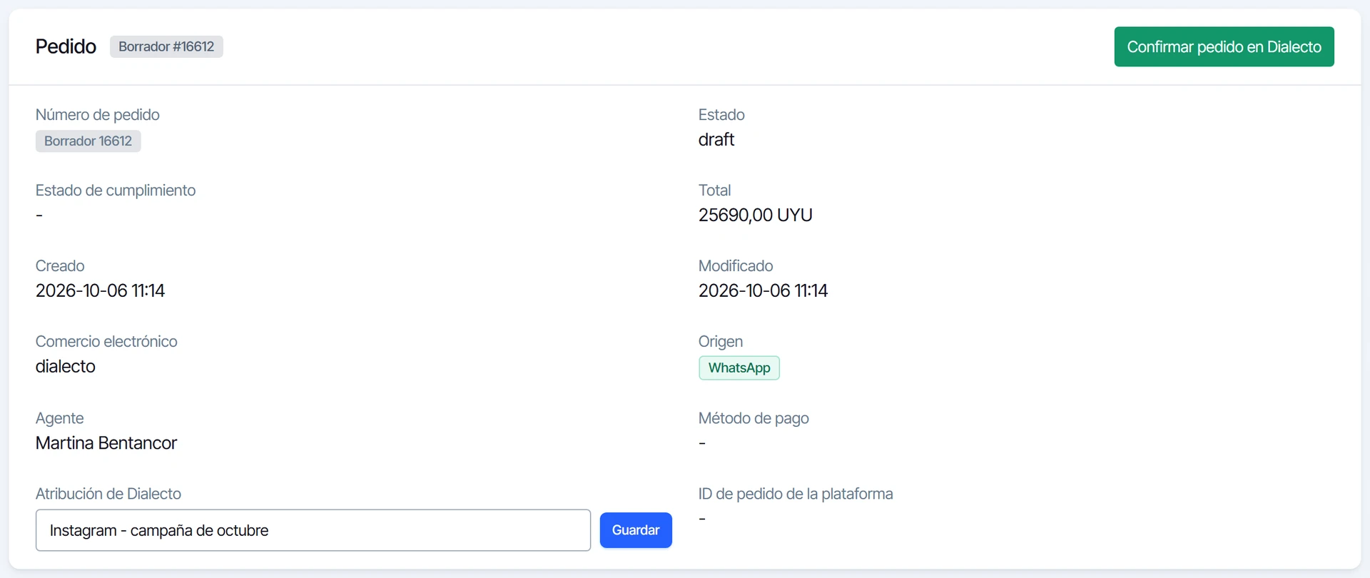 Resumen del pedido con la atribución guardada