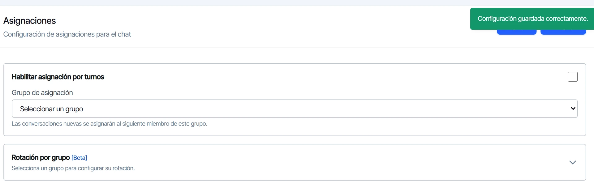 Aviso de configuración guardada arriba de Asignaciones