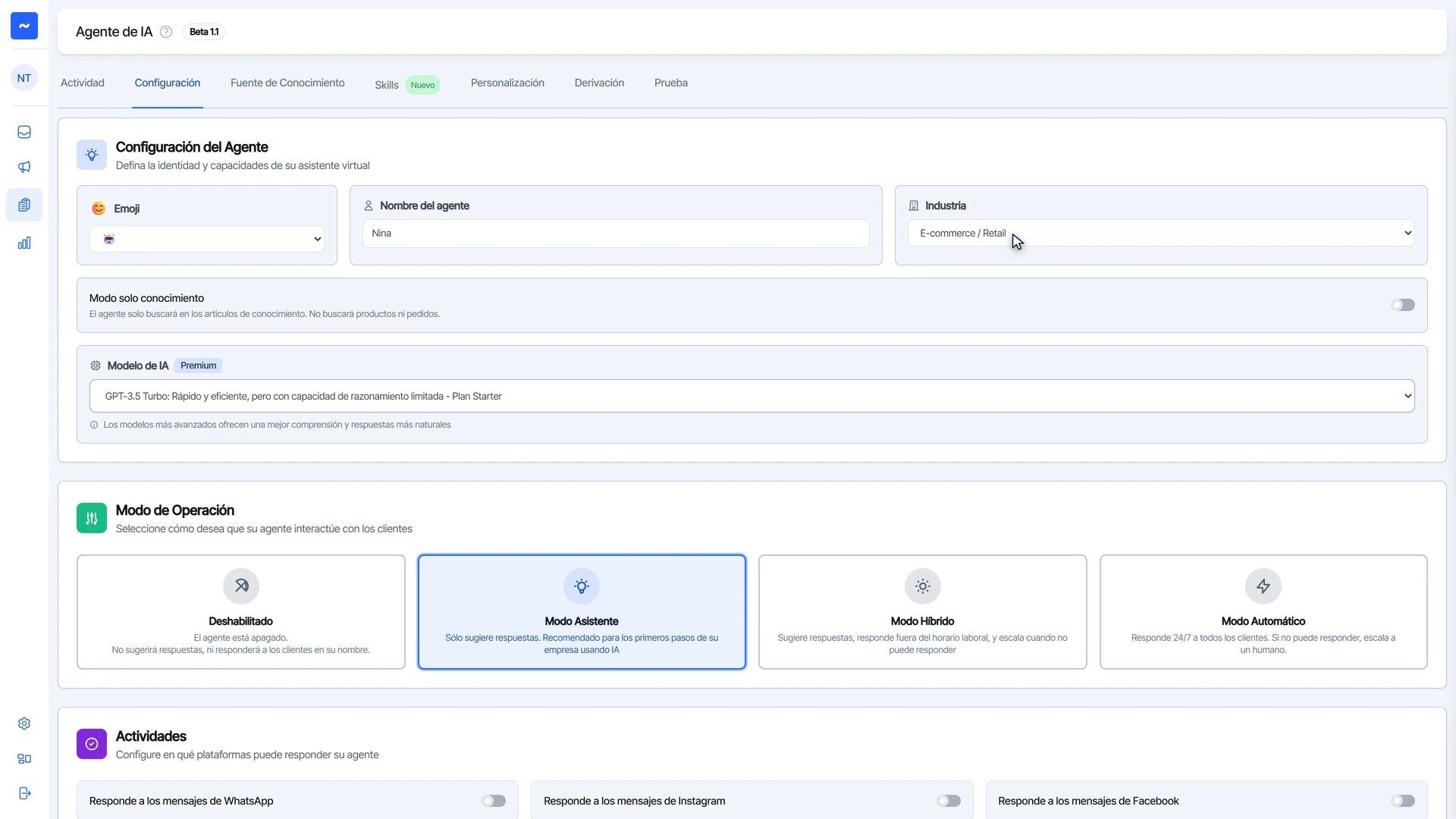 Configuración del Agente con emoji, nombre Nina, industria y Modo solo conocimiento
