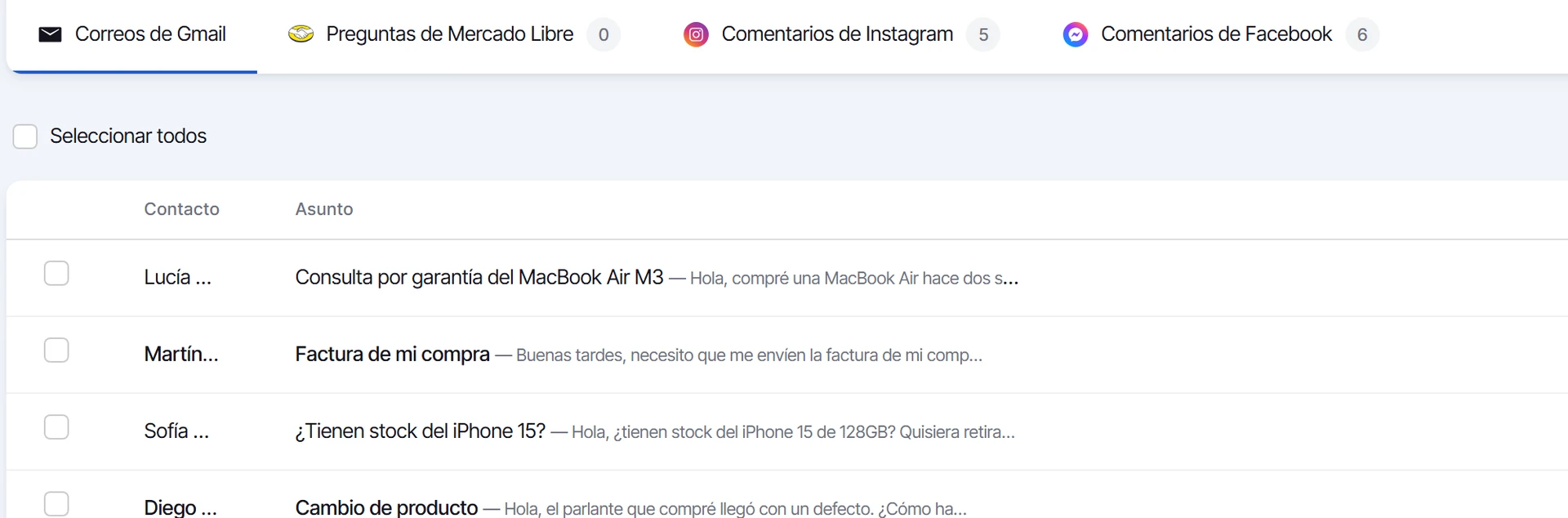 Bandeja con el primer correo ya en letra normal, como leído