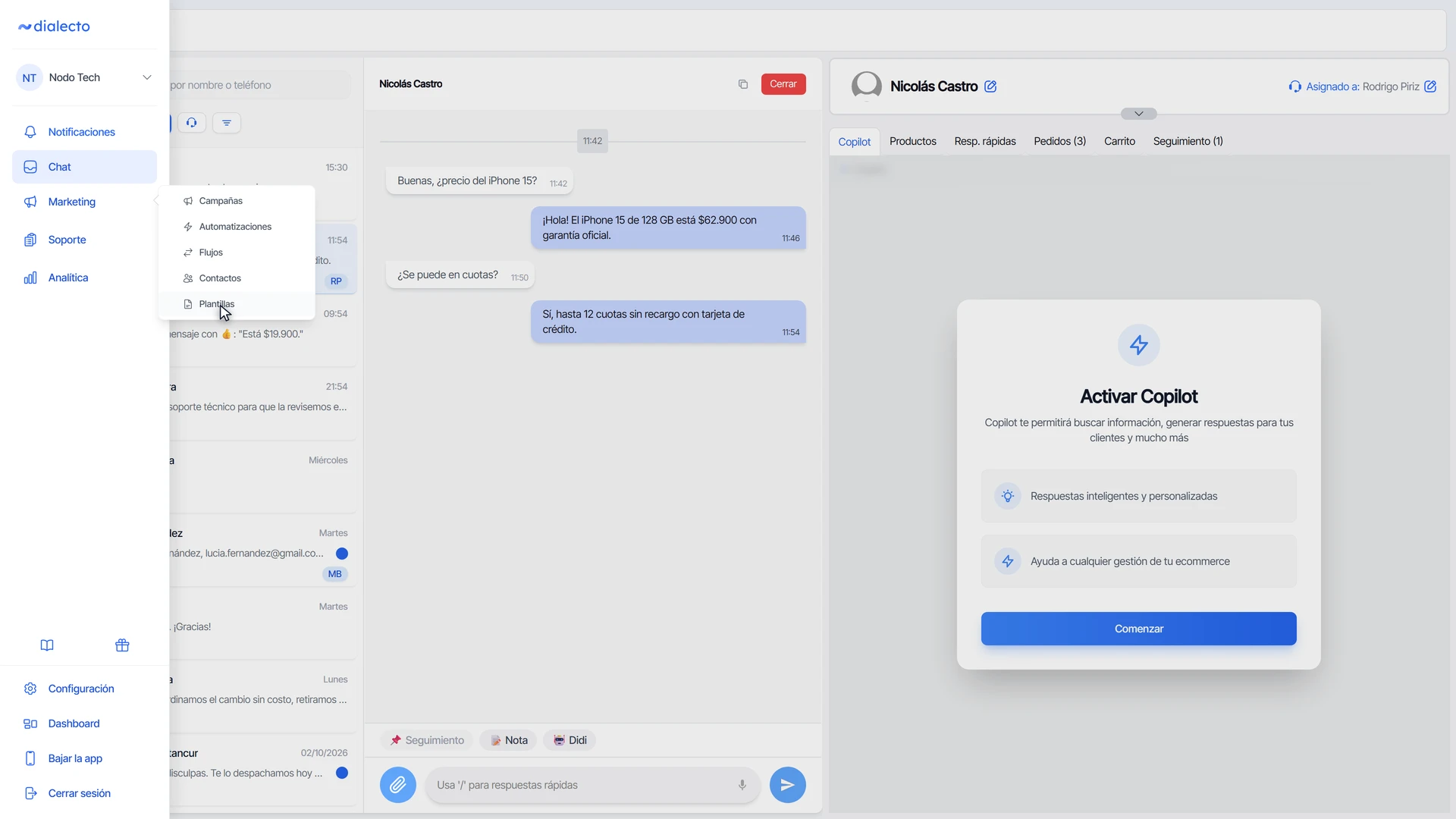 Menú de Marketing abierto con Campañas, Automatizaciones, Flujos, Contactos y Plantillas