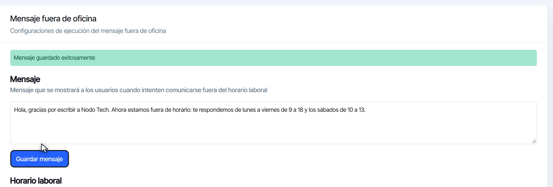 Mensaje fuera de oficina escrito y guardado, con el aviso de mensaje guardado