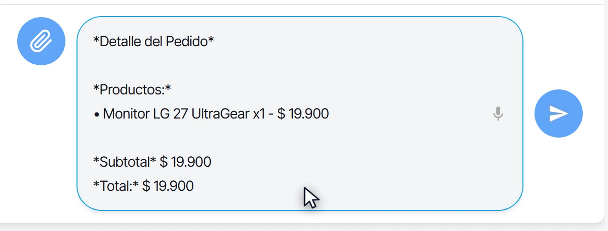 Detalle del pedido pegado en el campo de mensaje, listo para enviar al cliente