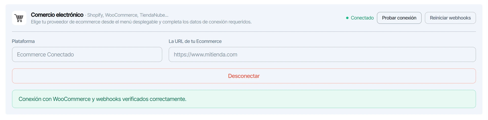 Resultado de la prueba en verde: conexión con WooCommerce y webhooks verificados