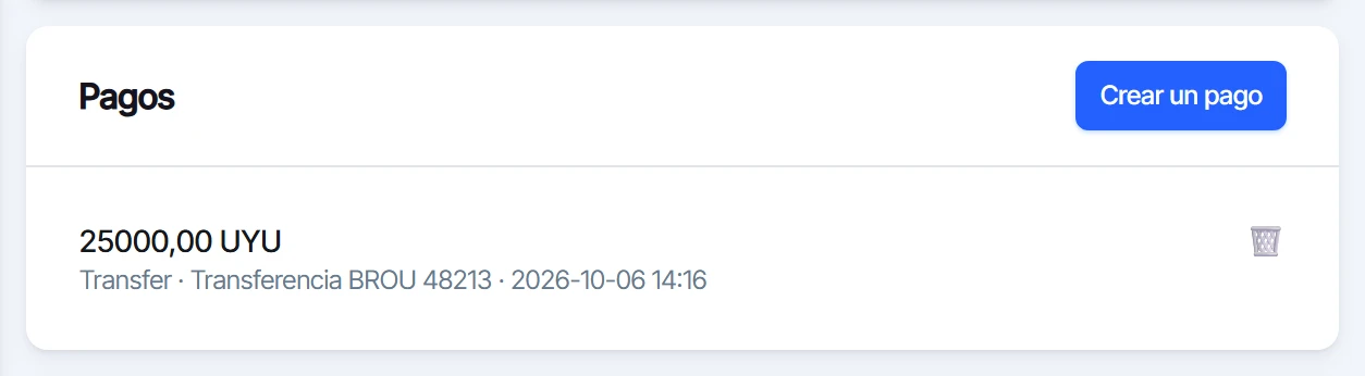 Panel Pagos con el pago registrado, su método, referencia y fecha