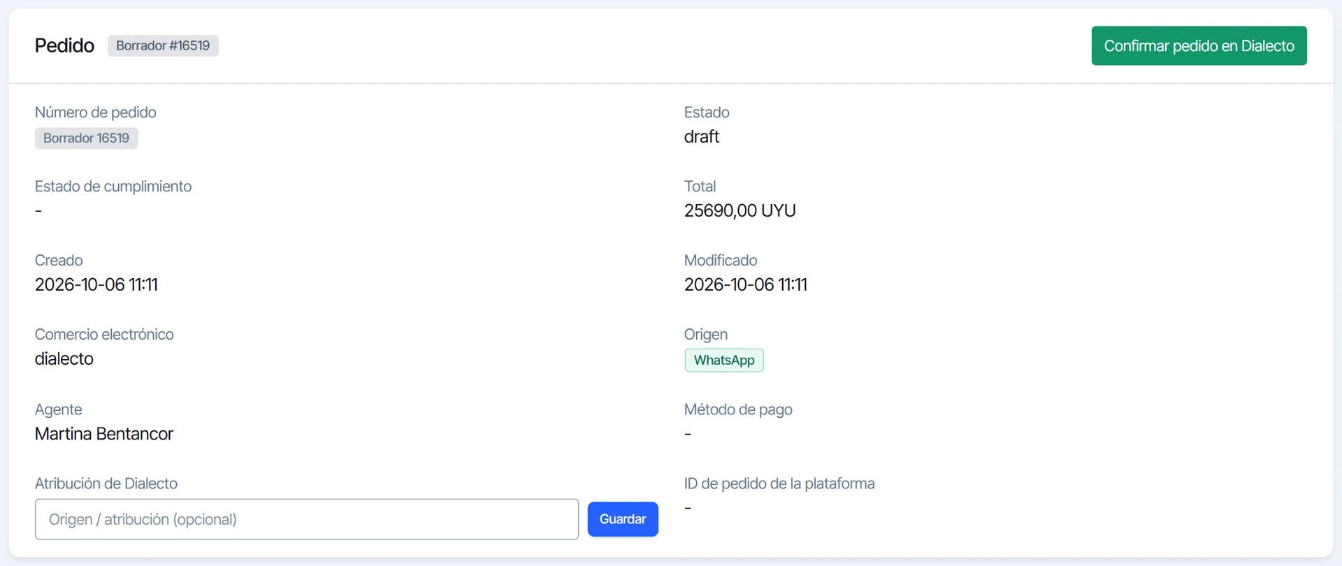 Resumen del pedido con su estado, total, fecha de creación, origen y agente